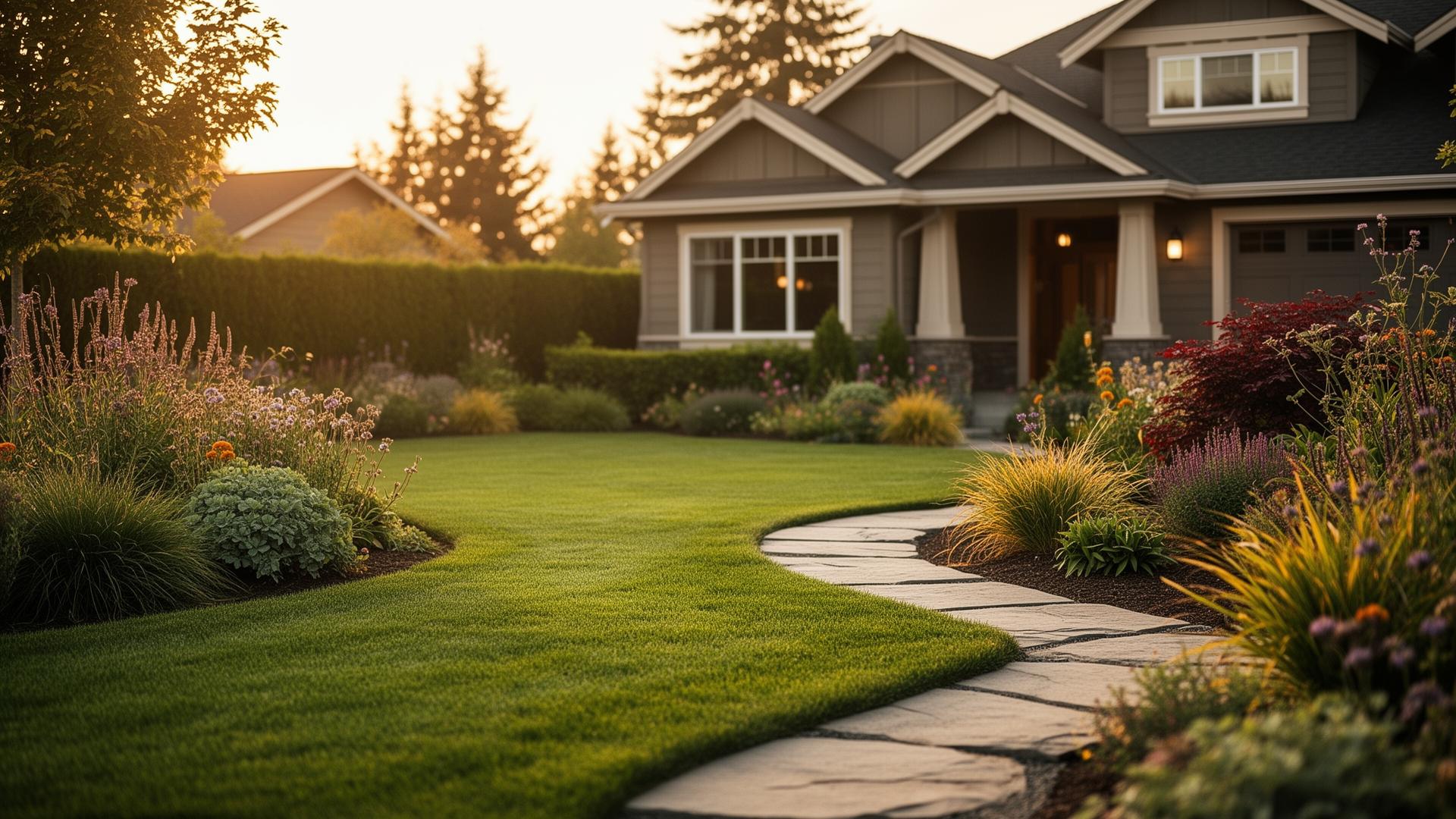 Manicured residential landscaping at golden hour